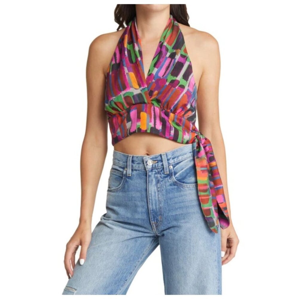 & Other Stories Multi Color Abstract Print Halter Crop Top